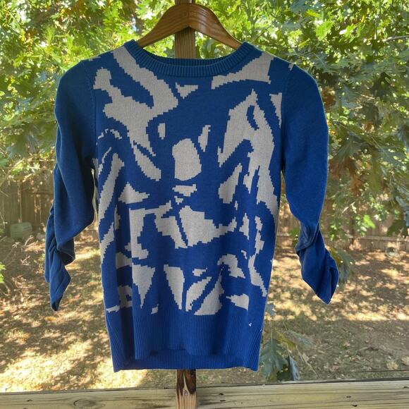 Victor Glemaud Women's Blue And White Ruched Sleeve Sweater Size S. NEW - Picture 1 of 6